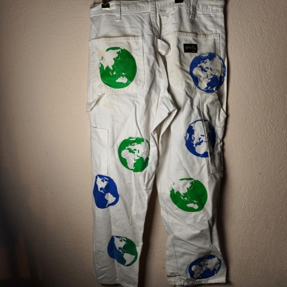 Stan Ray USA Mens White Earth Globe Print Carpenter Pants 33 *STAINED* - Picture 8 of 12